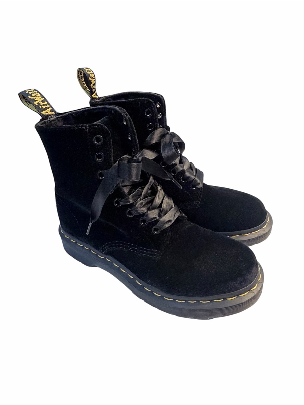 Dr. Martens Kids Black Velvet Lace-Up Boots with Yellow Stitching